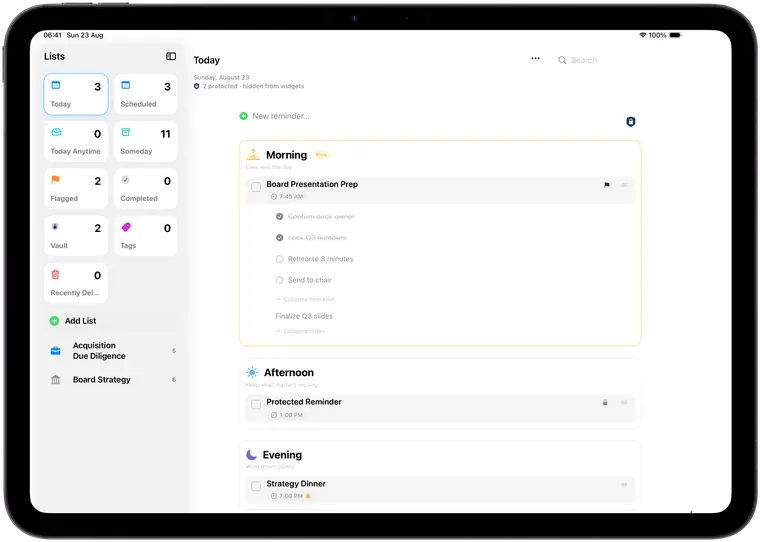 Henkq private reminder app on iPad showing Lists beside Today with Morning, Afternoon, Evening, and a Protected Reminder