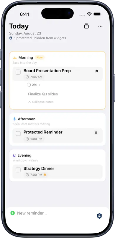 Henkq private reminder app on iPhone showing Today with Morning, Afternoon, Evening, and a Protected Reminder