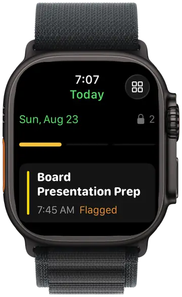 Henkq on Apple Watch showing Today with Board Presentation Prep